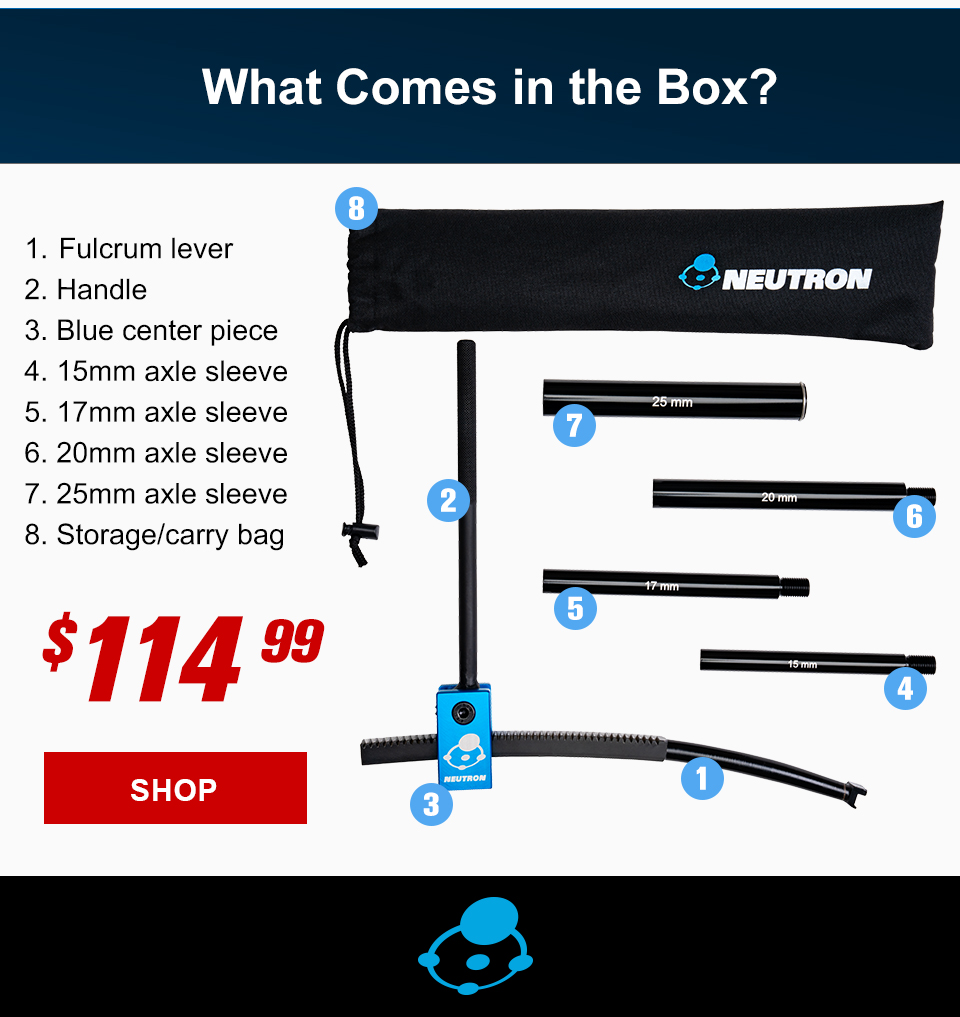 What Comes in the Box?, 1. fulcrum lever, 2. handle, 3. blue center piece, 4. 15 MM axle sleeve, 5. 17 MM axle sleeve, 6. 20 MM axle sleeve, 7. 25 MM axle sleeve, 8. storage, carry bag, $114 and 99 cents, link, shop